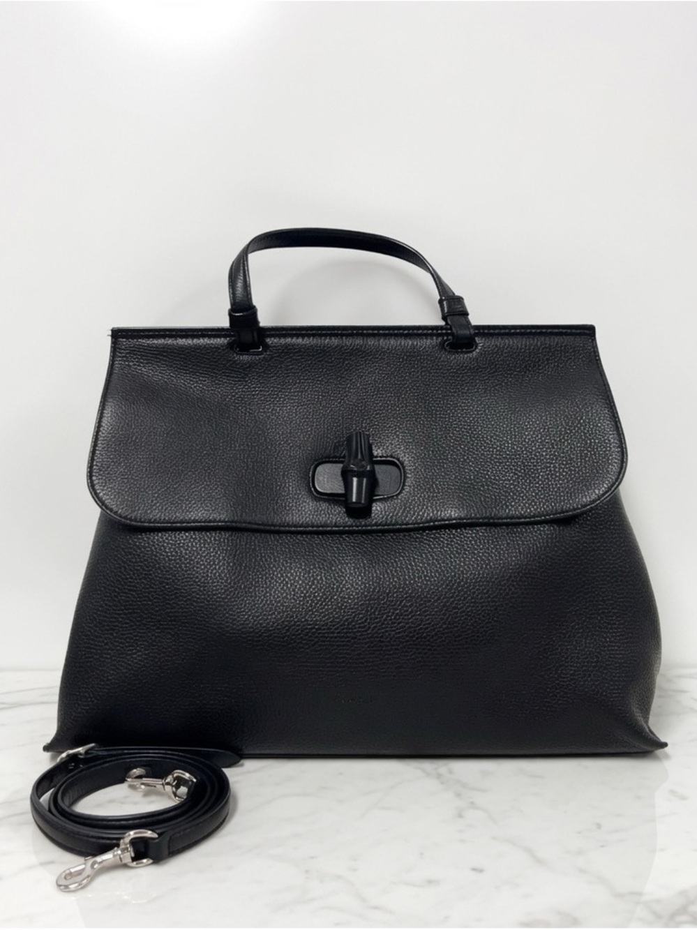 Gucci Bamboo Black Leather Top-Handle Satchel with Detachable Strap